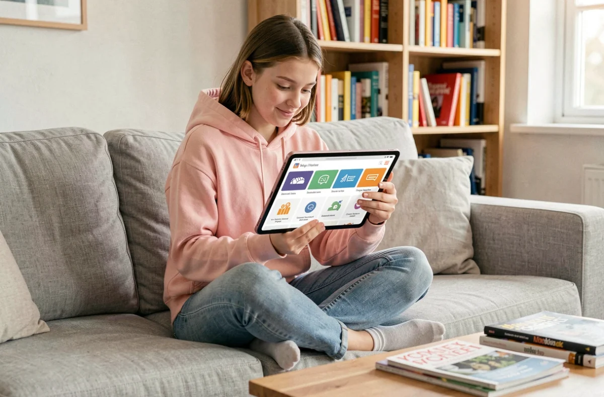 Adolescente parcourant les rubriques et services d'un site web sur une tablette dans un salon familial