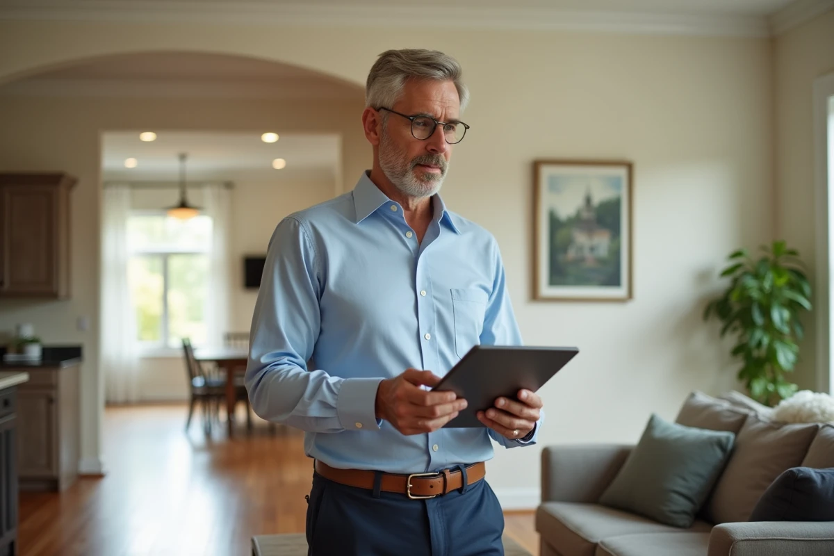 Agent immobilier examinant un intérieur résidentiel lumineux