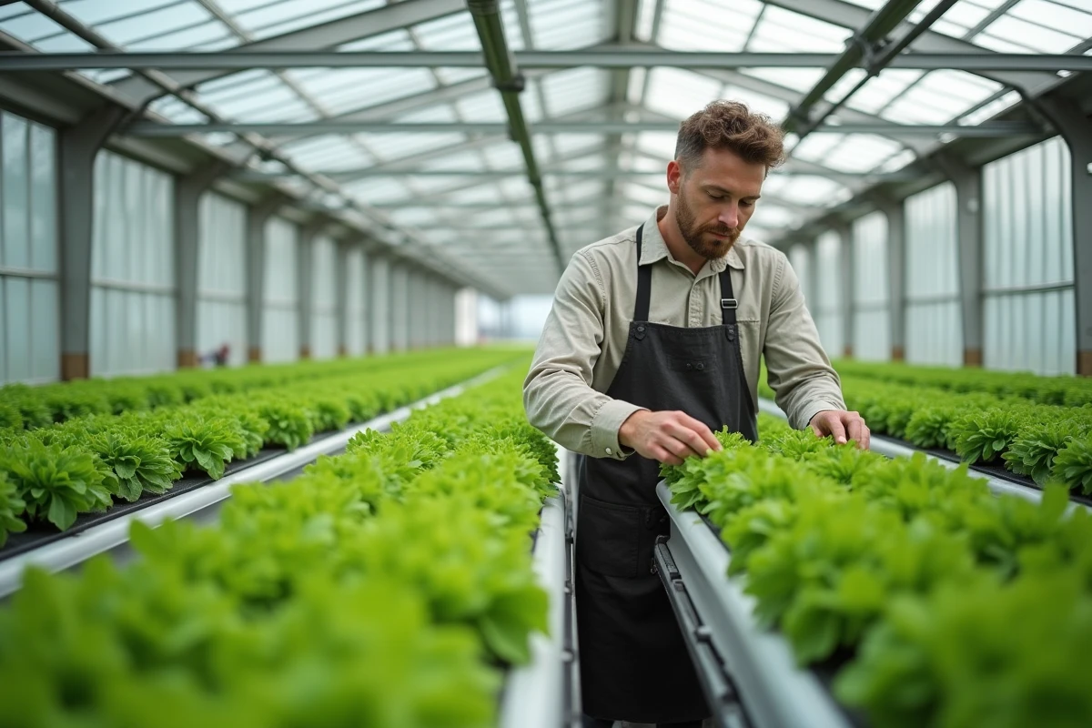 Agriculteur urbain inspectant des cultures hydroponiques verticales dans une serre industrielle reconvertie