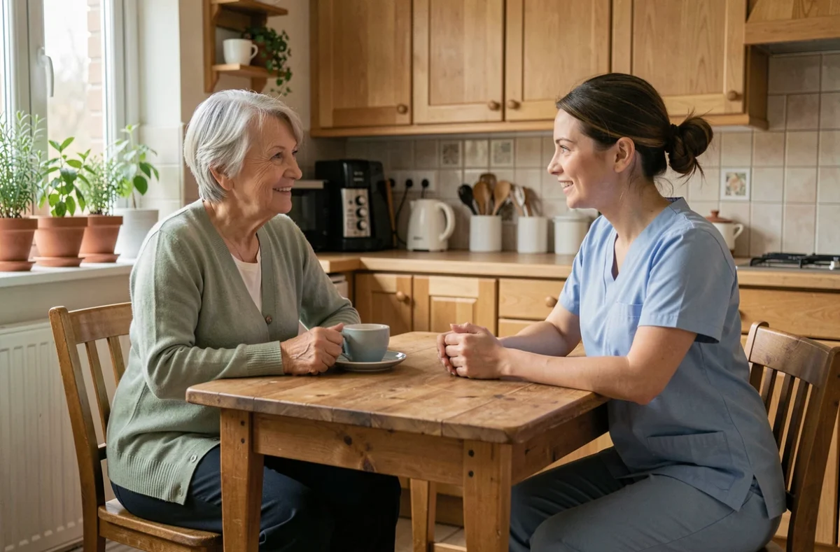 Une aide à domicile accompagne une femme âgée dans sa cuisine, illustrant les services d'accompagnement pour seniors