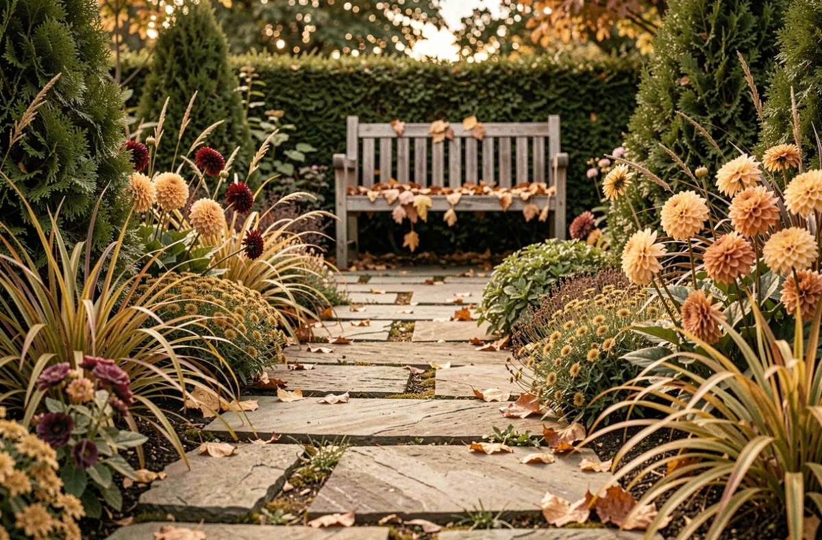 Allée de jardin résidentiel en automne bordée de dahlias, graminées ornementales et arbustes persistants avec un banc en bois couvert de feuilles
