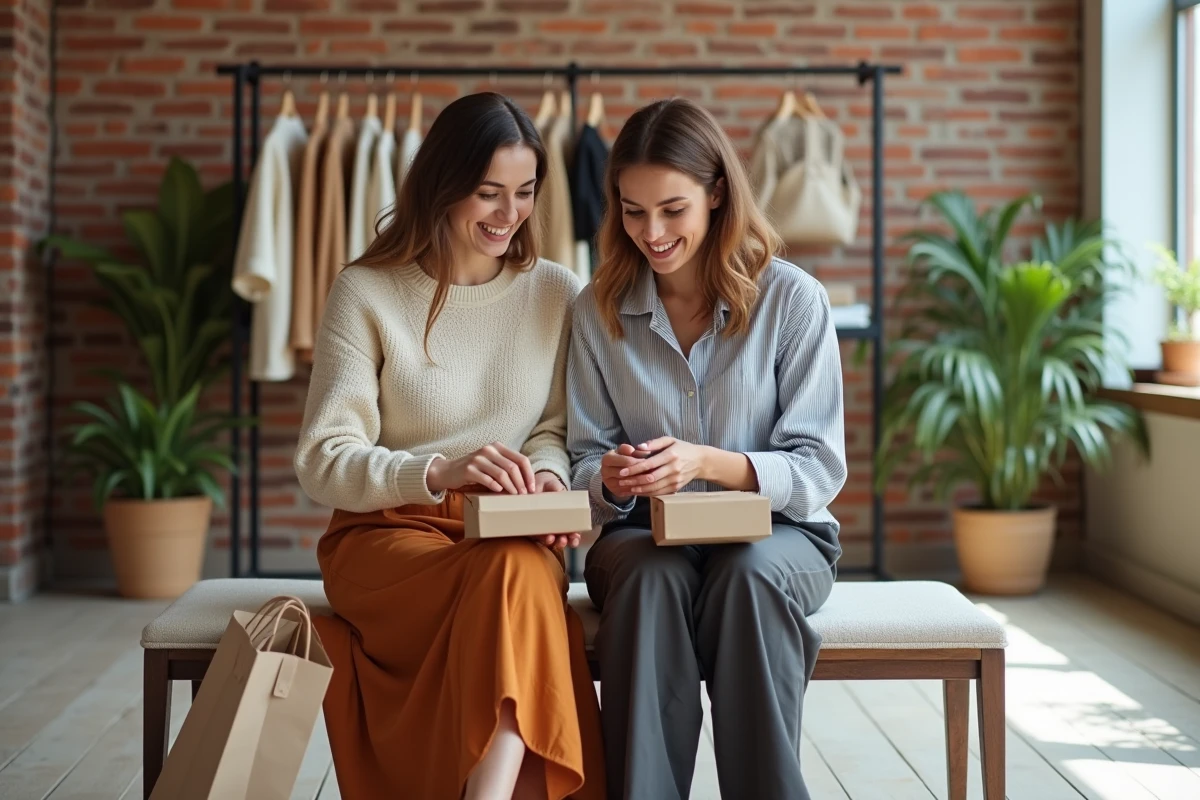 Deux amies souriantes découvrant les dernières tendances mode dans un concept store élégant et moderne