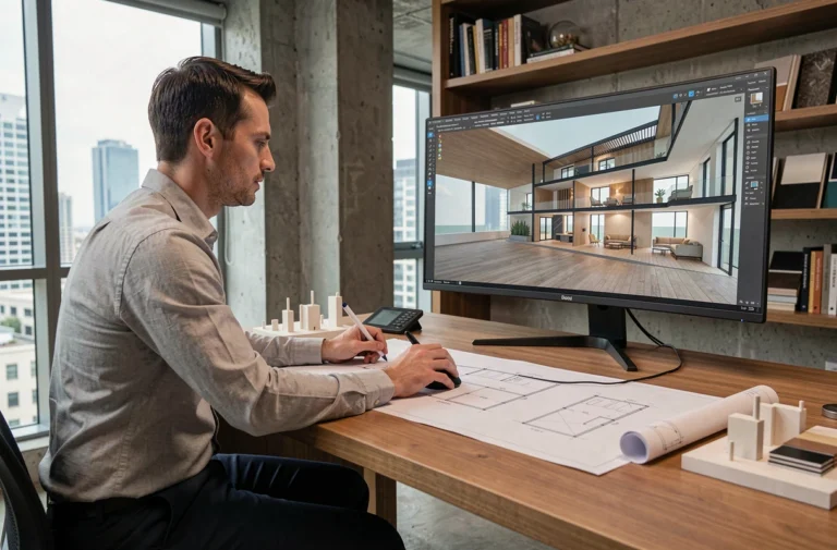 Architecte utilisant une souris 3D et un logiciel de modélisation architecturale sur un grand écran ultrawide dans un bureau moderne