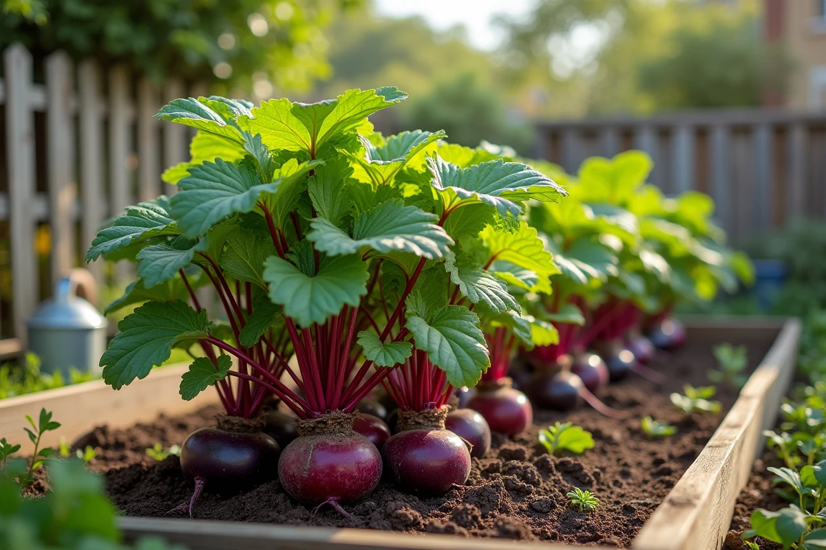 Potager productif avec association betteraves et aubergines dans un carré de jardin surélevé en bois