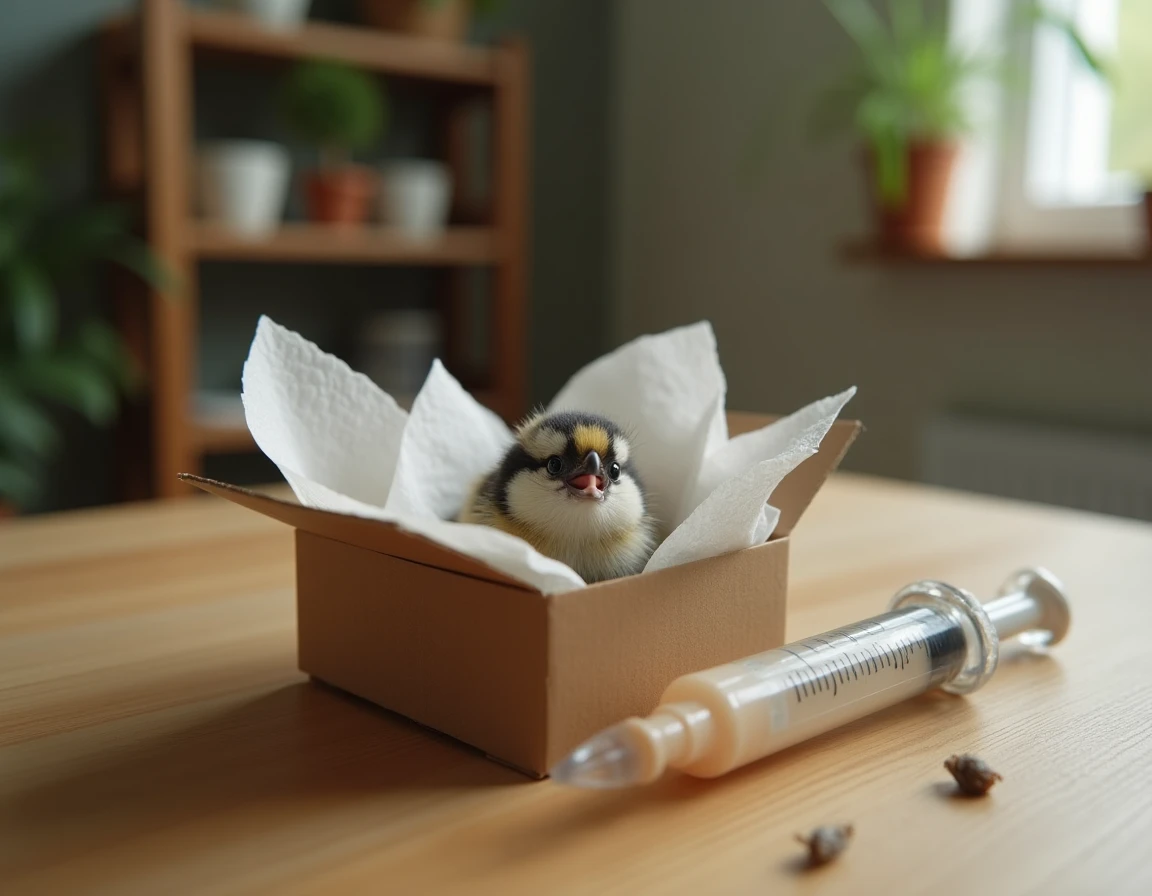 Boîte de soin artisanale avec oisillon de mésange charbonnière, seringue et pince pour l'alimentation manuelle d'urgence