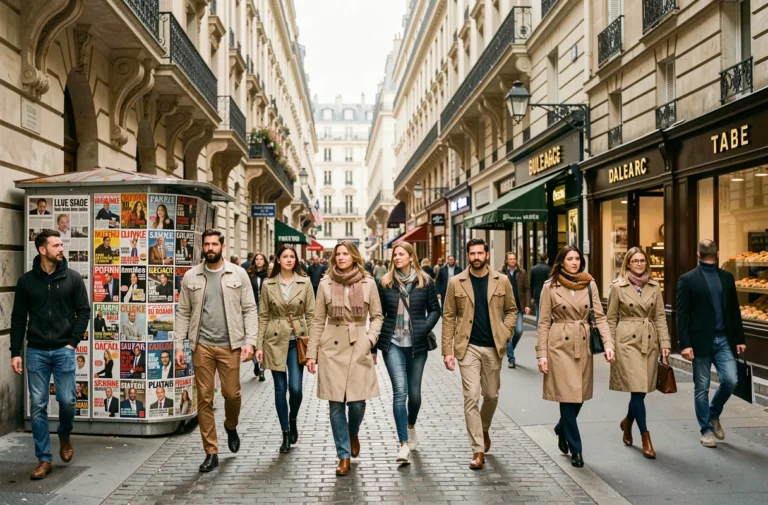 Passants parisiens sur un boulevard animé du 11e arrondissement devant des kiosques à journaux