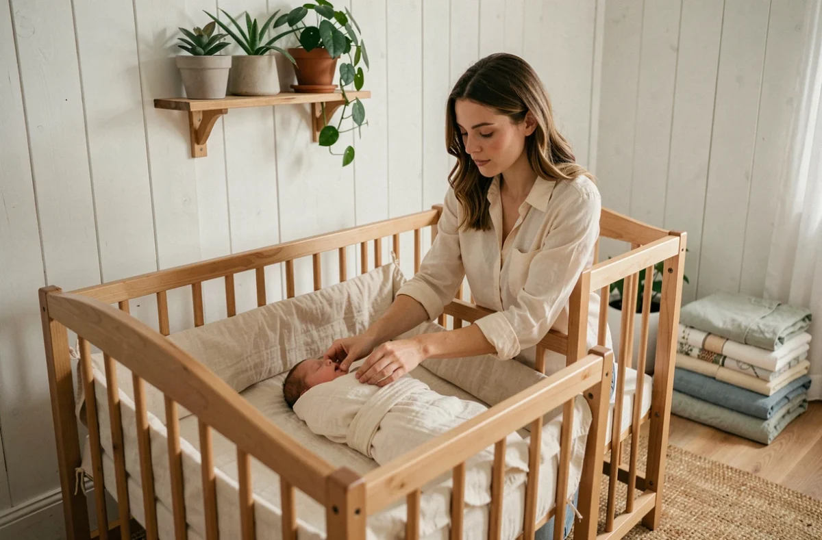 Jeune mère déposant son nouveau-né dans un berceau en bois naturel dans une chambre bébé saine et écologique