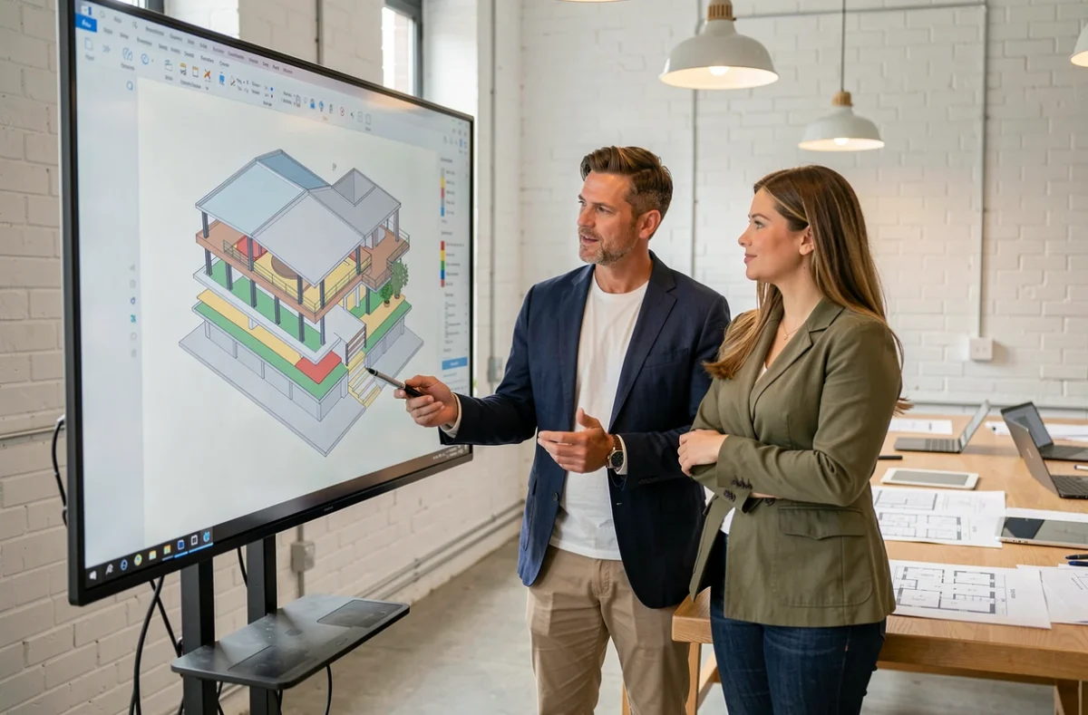 Deux architectes collaborant sur un logiciel BIM avec modélisation 3D sur grand écran tactile dans une agence d'architecture