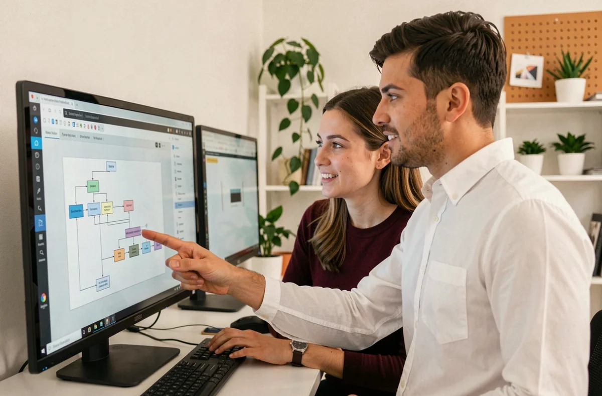 Deux designers UX collaborant sur la structure de navigation d'un site web devant un écran affichant un wireframe