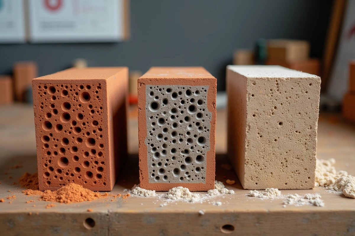 Comparaison en coupe transversale de différents types de briques : terre cuite, brique creuse et brique silico-calcaire