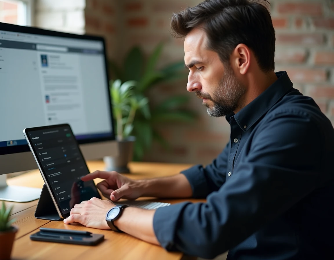 Homme configurant l'application Mon Proxima sur une tablette iPad dans un bureau à domicile