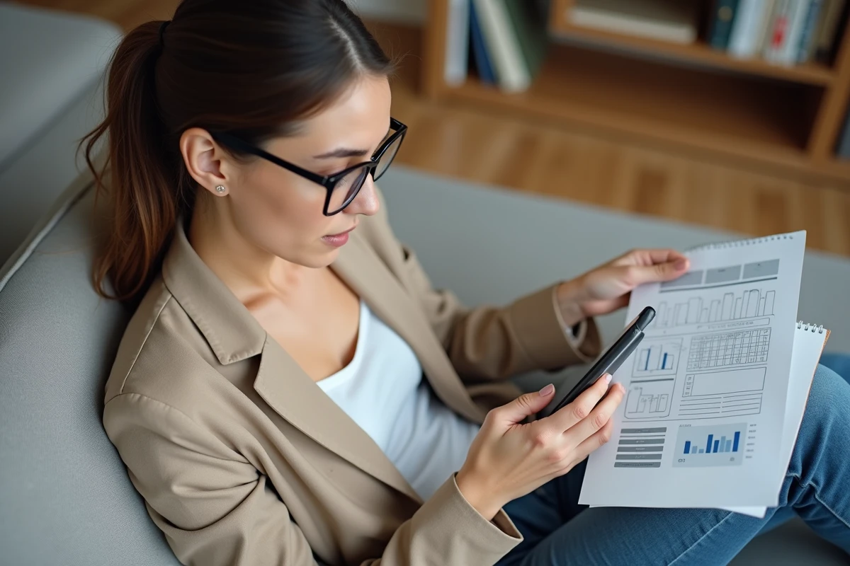Jeune femme consultant son RIB sur smartphone pour le transmettre à France Travail