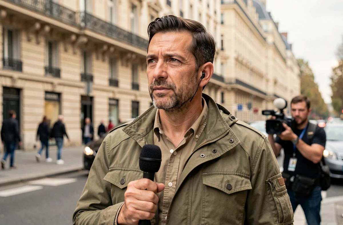 Correspondant de terrain masculin en reportage dans une rue parisienne, microphone en main devant des bâtiments haussmanniens