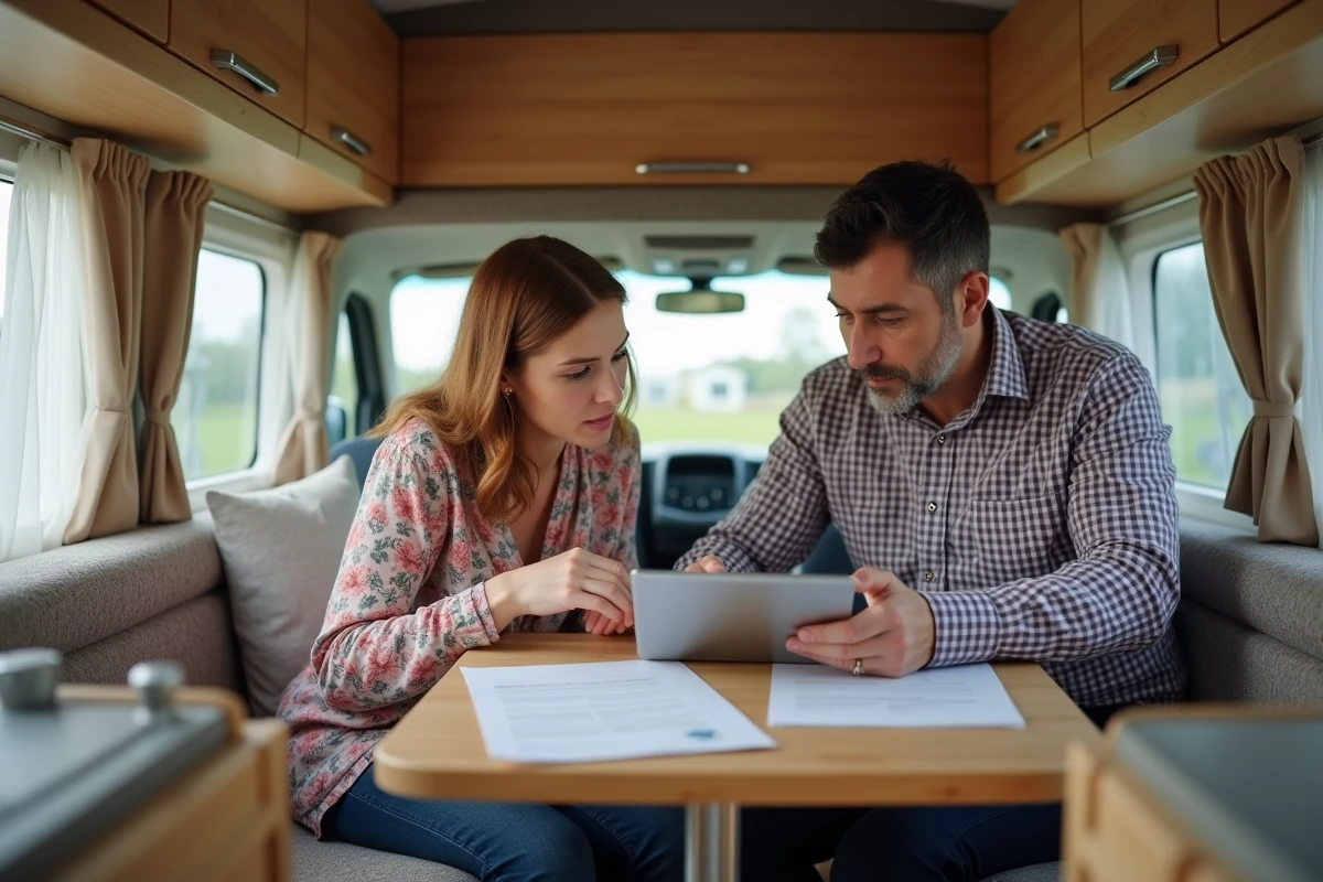 Couple de gens du voyage consultent les documents d'achat d'une caravane à l'intérieur du véhicule