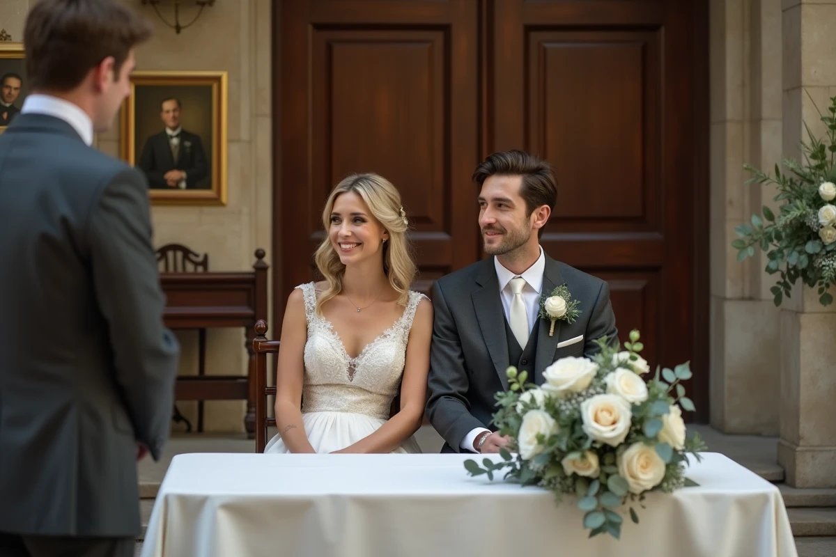 Couple de mariés écoutant le discours du maire lors de leur cérémonie de mariage civil en mairie
