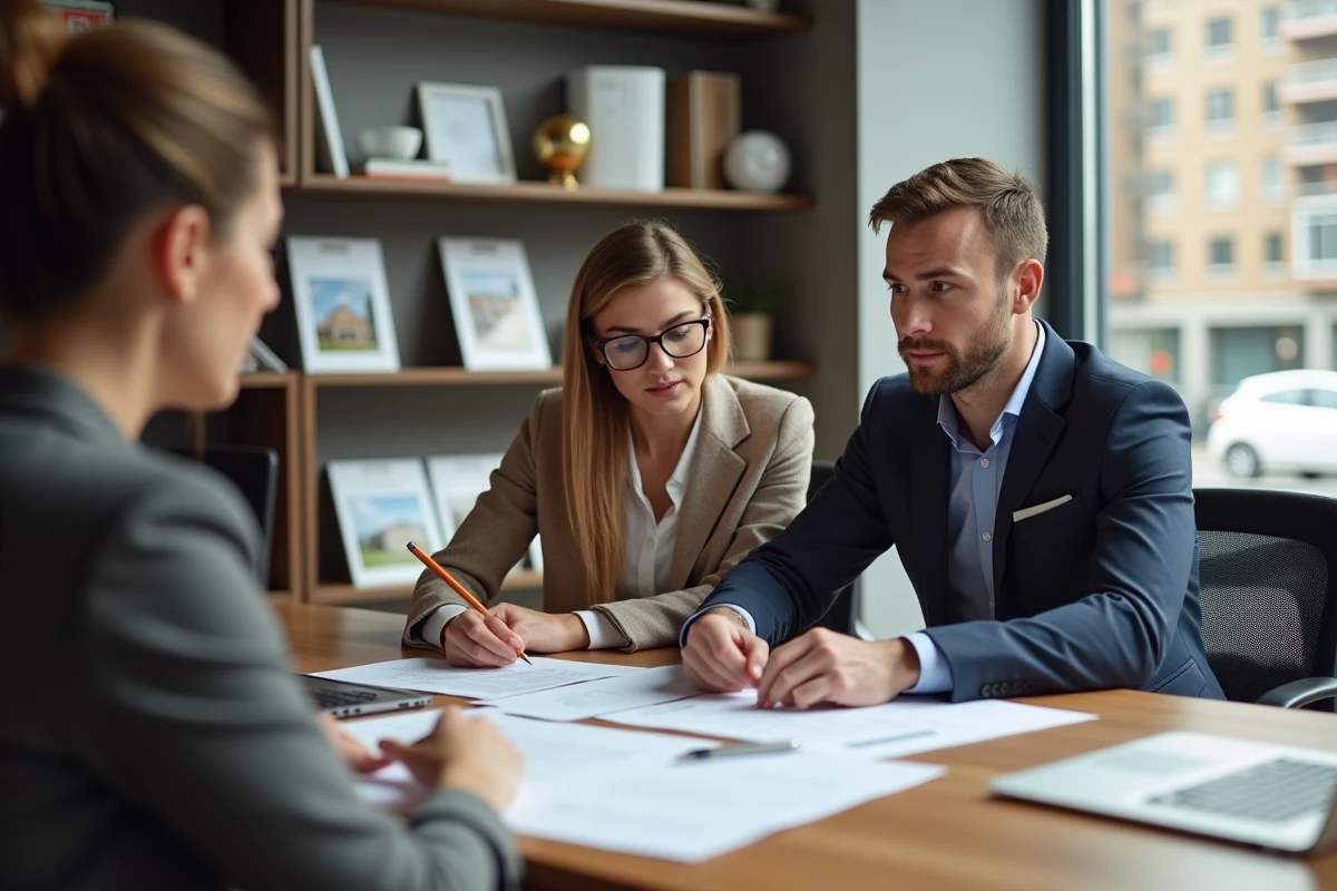 Jeune couple discutant avec agent immobilier