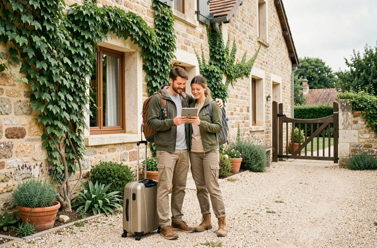 Couple de voyageurs soulagés devant une location Airbnb rurale après activation de la garantie Aircover