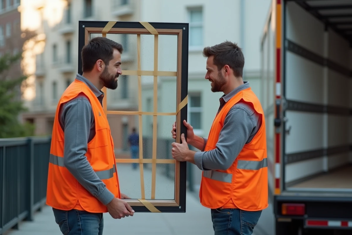 Deux déménageurs professionnels appliquant du scotch en grille sur une vitre double vitrage devant un camion de déménagement