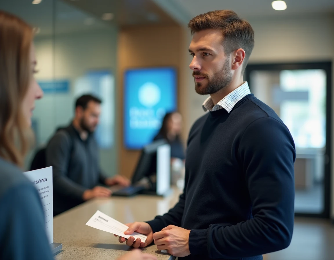 Homme déposant un chèque de caution au guichet d'une banque