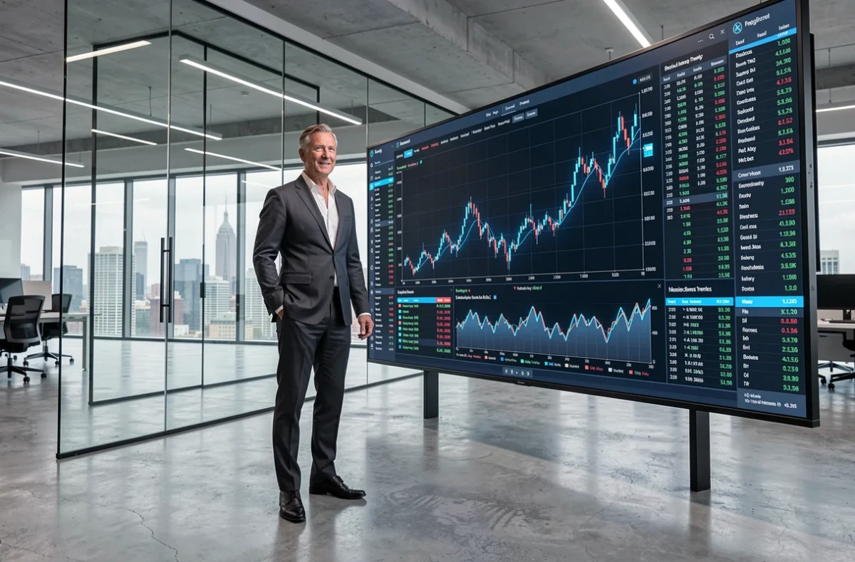 Dirigeant d'entreprise analysant des tendances économiques en temps réel sur un mur d'affichage numérique interactif