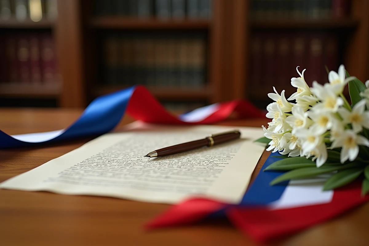 Détail de l'écharpe tricolore et du discours manuscrit du maire préparés pour un mariage civil