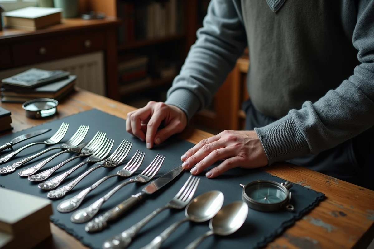 Ensemble de couverts en argent anciens disposés sur une table pour évaluation et identification des poinçons