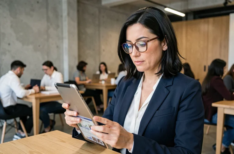 Entrepreneuse consultant les dernières actualités entrepreneuriales sur une tablette dans un espace de coworking moderne