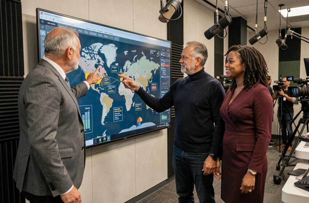 Équipe de journalistes internationaux analysant une carte du monde interactive dans un studio de diffusion médiatique moderne