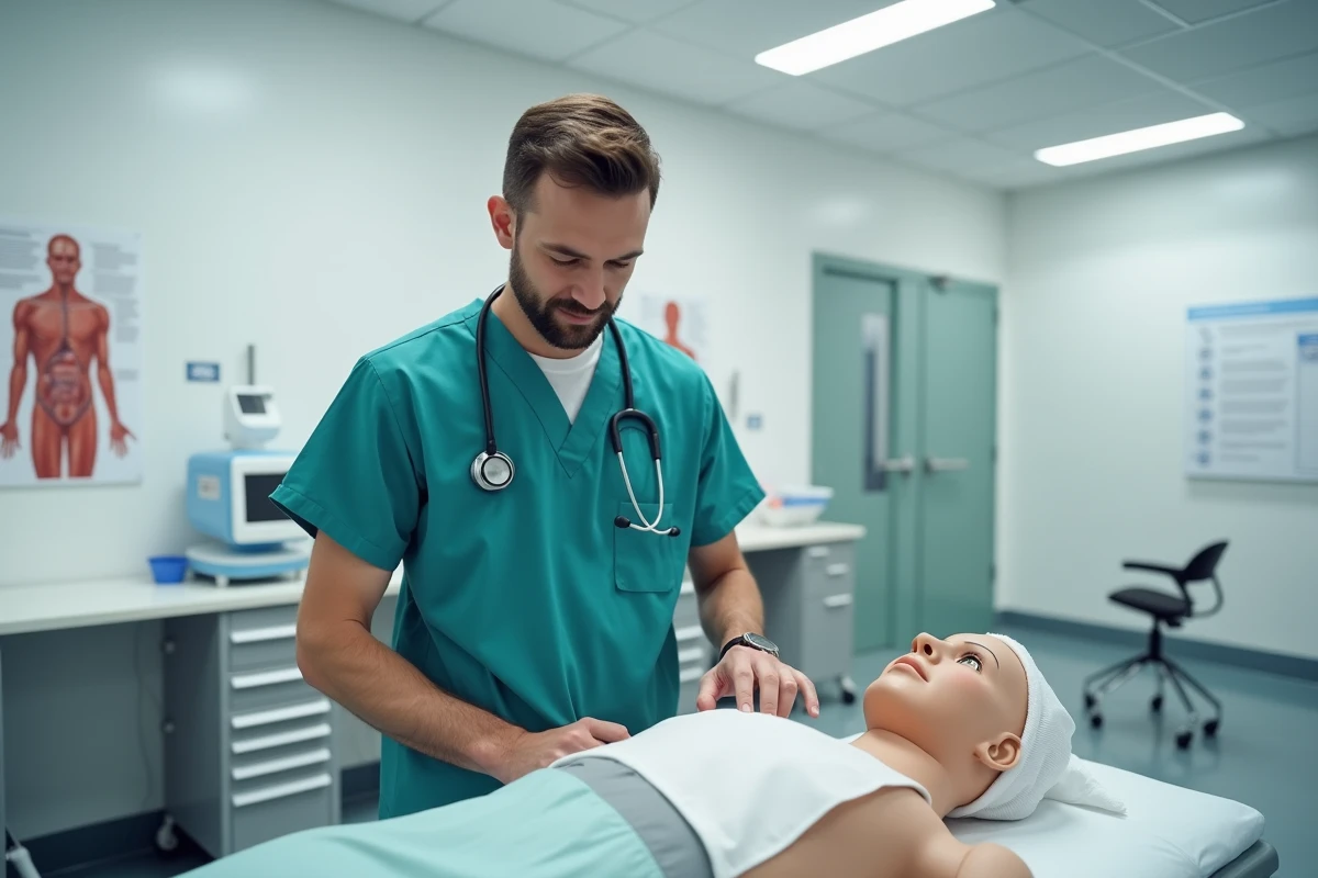 Étudiant infirmier en formation pratique sur mannequin dans un laboratoire de simulation médicale