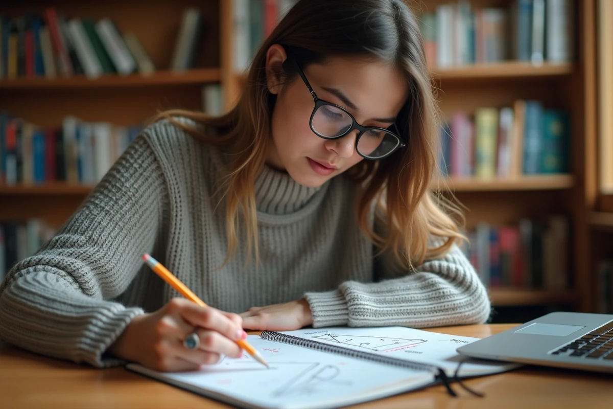 Étudiante calculant le volume d'une pyramide triangulaire dans un cahier de géométrie à la bibliothèque