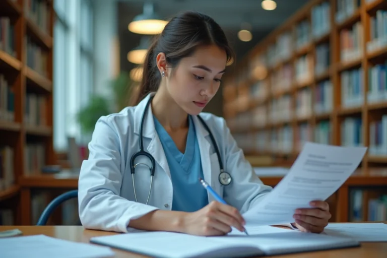 Étudiante en soins infirmiers révisant ses cours dans une bibliothèque universitaire médicale