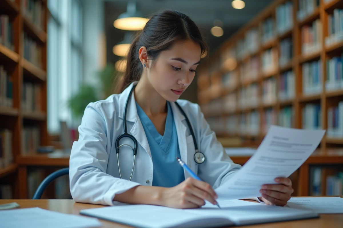 Étudiante en soins infirmiers révisant ses cours dans une bibliothèque universitaire médicale
