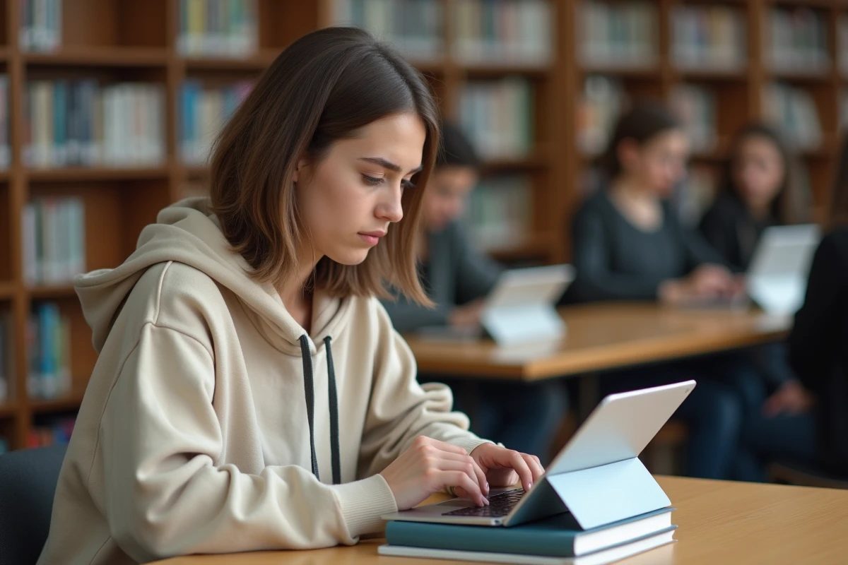 Étudiante accédant à sa messagerie académique Roundcube sur une tablette dans une bibliothèque universitaire d'Aix-Marseille