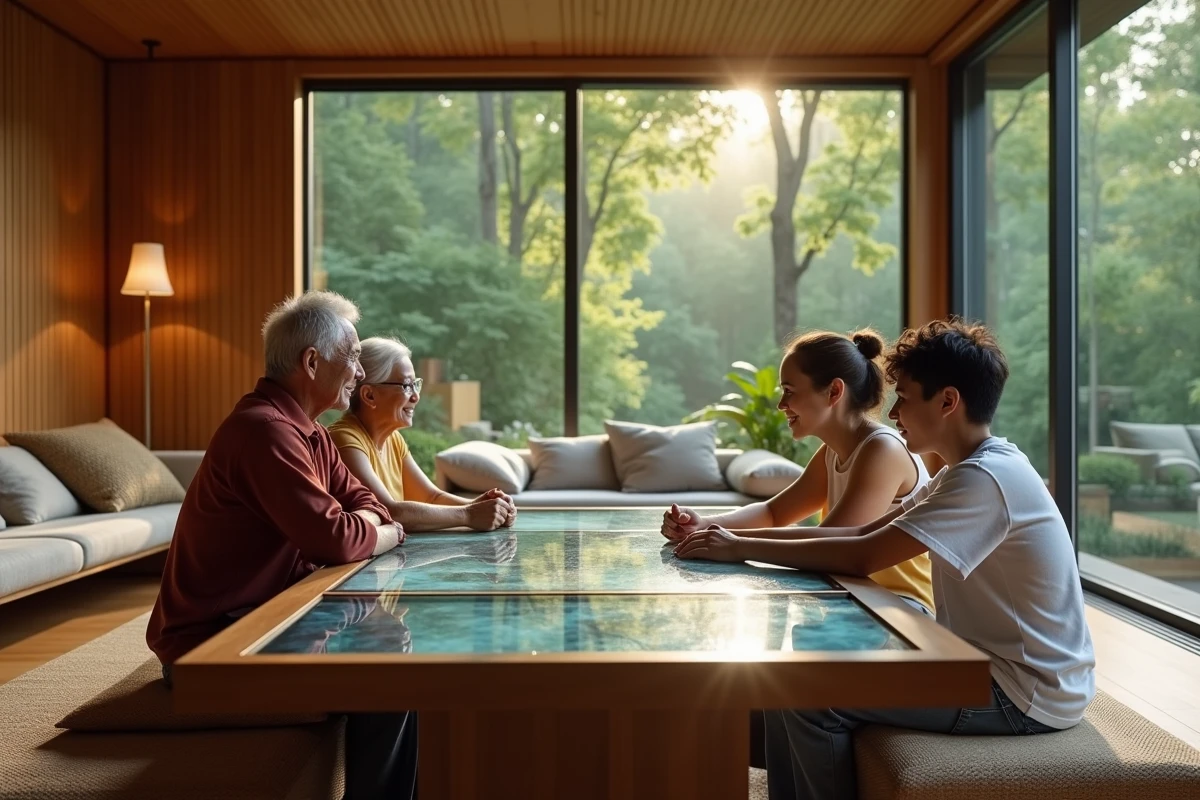 Famille intergénérationnelle réunie autour d'une table connectée dans un intérieur écoresponsable du futur