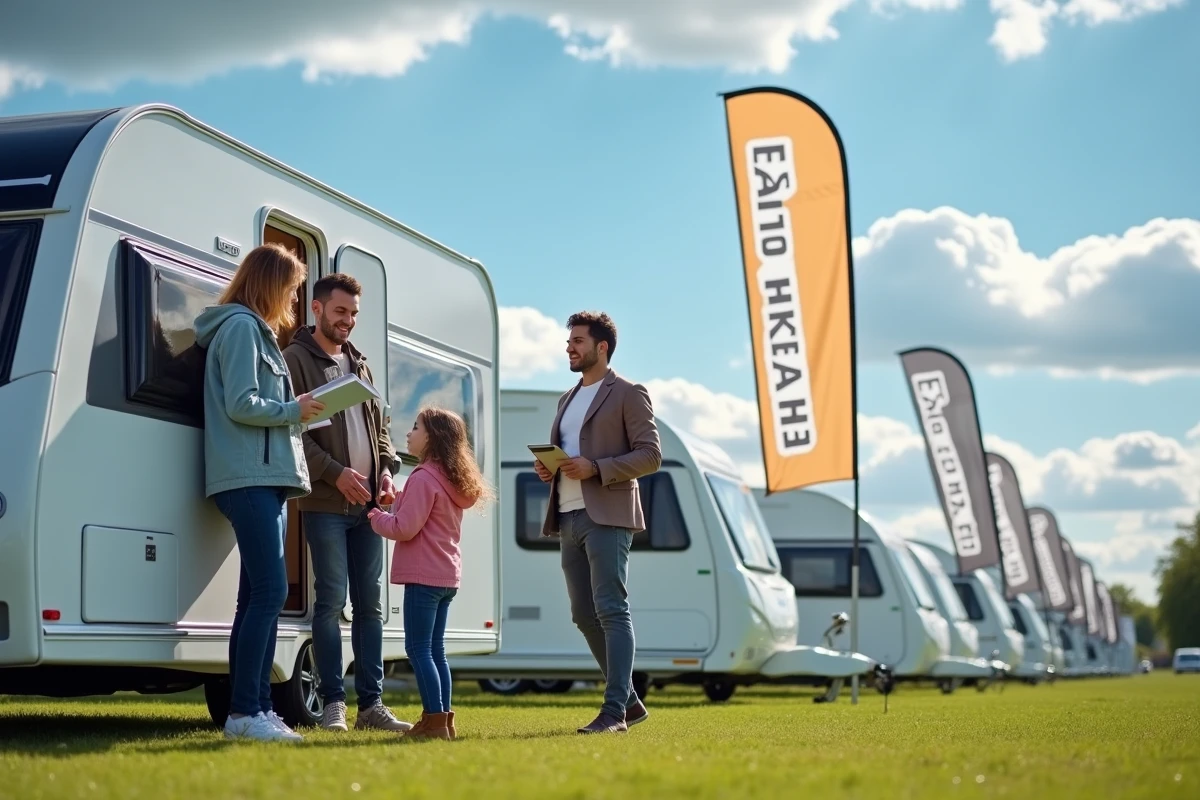 Famille de gens du voyage discute avec un vendeur lors d'un salon de caravanes en plein air