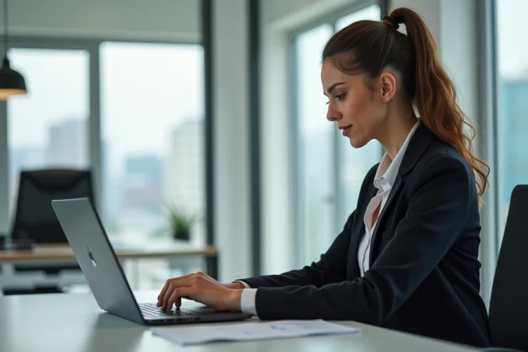 Jeune femme d'affaires travaillant sur un logiciel immobilier