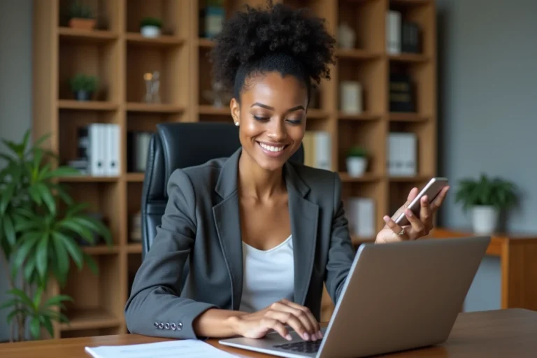 Femme confiante en bureau moderne avec ordinateur et smartphone