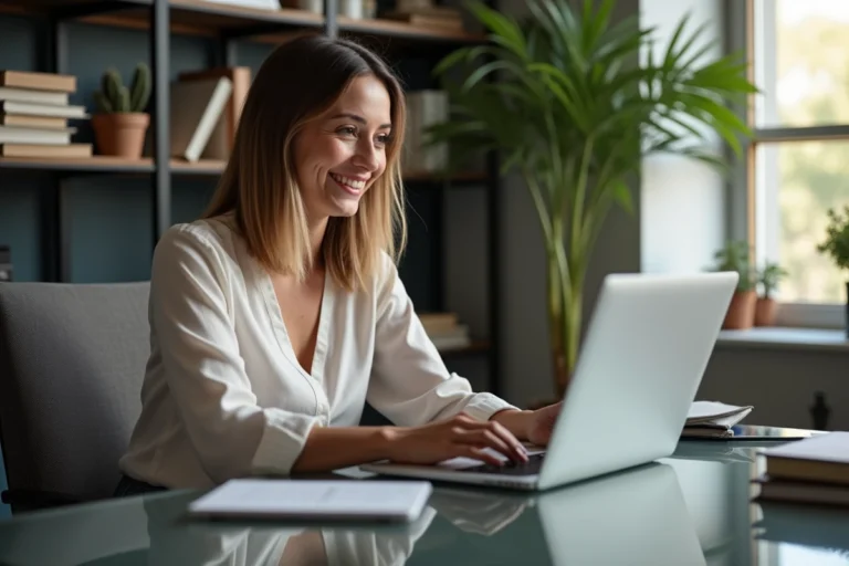 Femme assise à son bureau connecté à un ordinateur portable