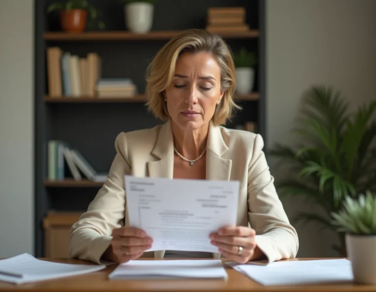 Femme examinant un chèque de caution locative posé sur un bureau avec des documents de bail