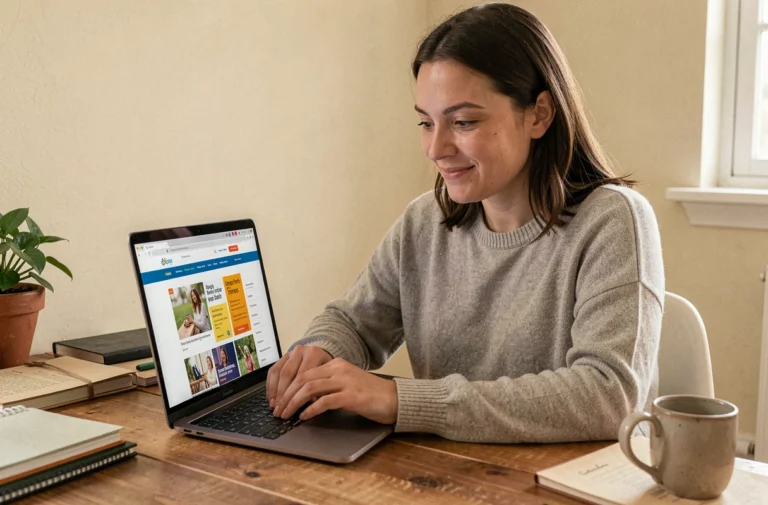 Femme explorant les rubriques et services d'un site web sur un ordinateur portable dans un bureau à domicile