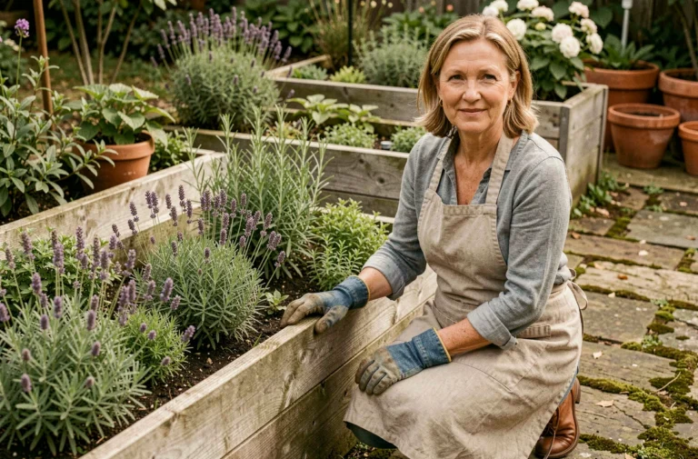Femme jardinant dans un potager surélevé en bois entouré de lavande, romarin et herbes aromatiques dans un jardin fleuri toute l'année