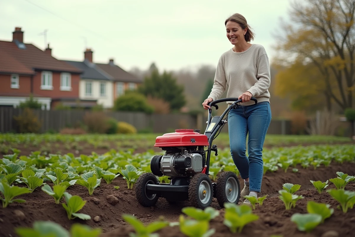 Femme guidant un motoculteur Ravanson dans un jardin communautaire