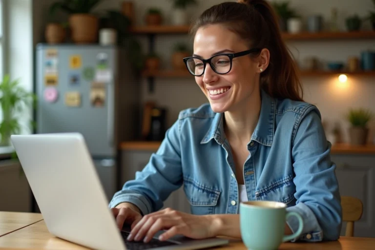 Femme souriante utilisant un ordinateur portable dans la cuisine