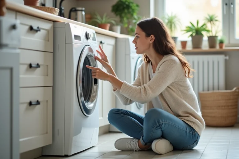 Femme regardant la machine à laver moderne dans la buanderie