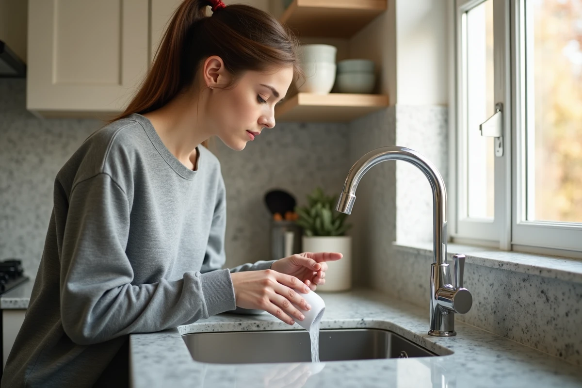 Femme nettoie un robinet de cuisine avec une solution de nettoyage