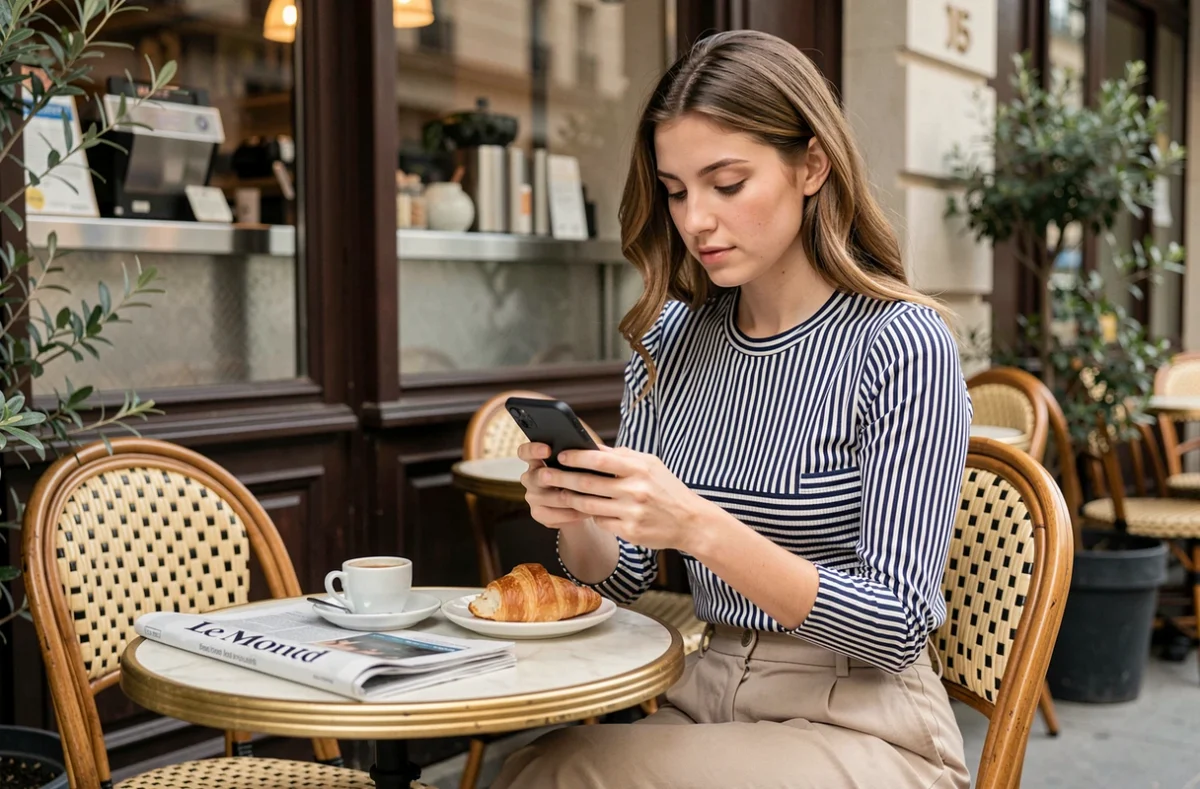 Jeune femme parisienne lisant l'actualité sur son téléphone en terrasse de café
