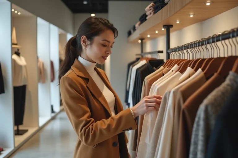 Femme élégante parcourant des vêtements tendance dans une boutique de mode minimaliste et moderne