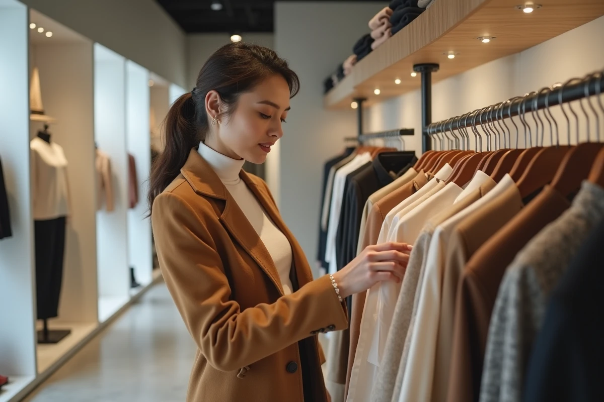 Femme élégante parcourant des vêtements tendance dans une boutique de mode minimaliste et moderne
