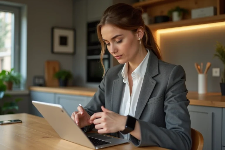 Femme élégante en blazer et jeans utilisant smartwatch et écouteurs