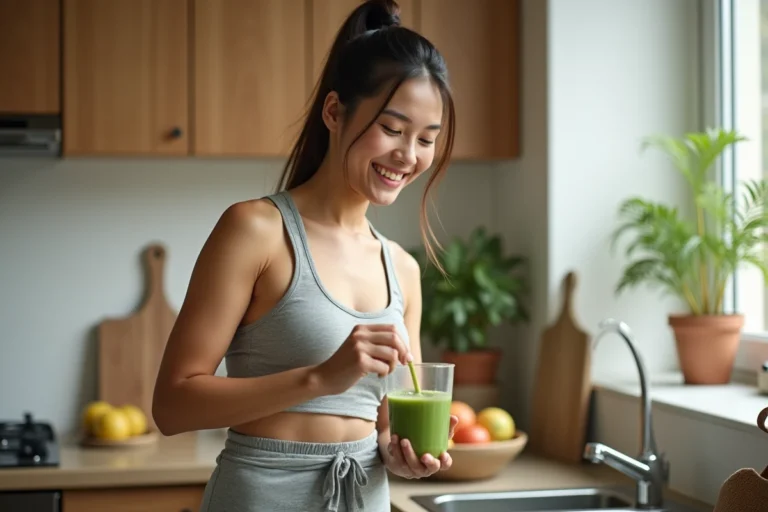 Femme souriante verse un smoothie vert dans un verre en cuisine
